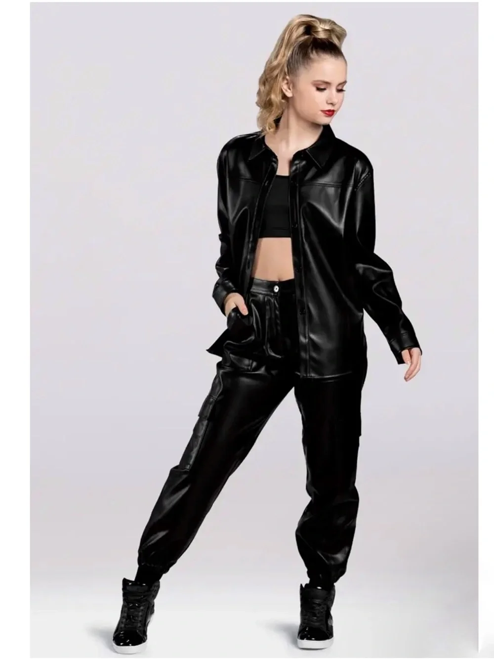 Balera 3Pc Hip Hop Dance Costume Faux Leather Jacket Sequin Top Jeans MC